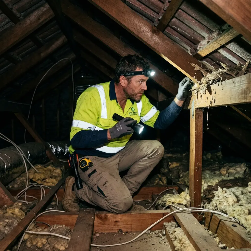 Technician inspecting a roof cavity for a dead animal in Highett
