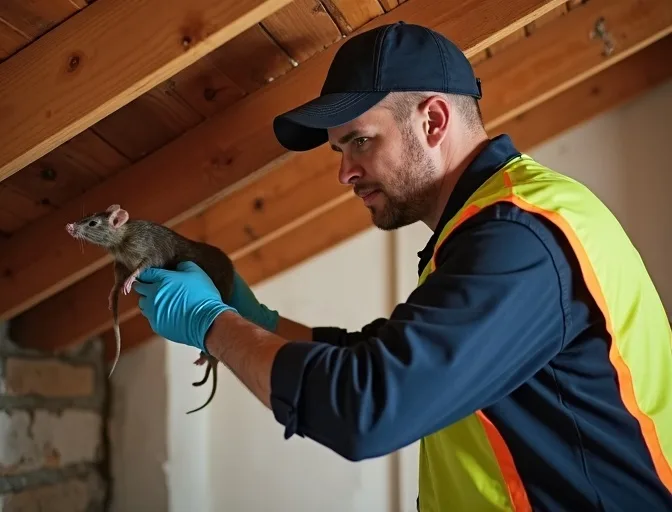 Technician inspecting a roof cavity for a dead rat in Highett